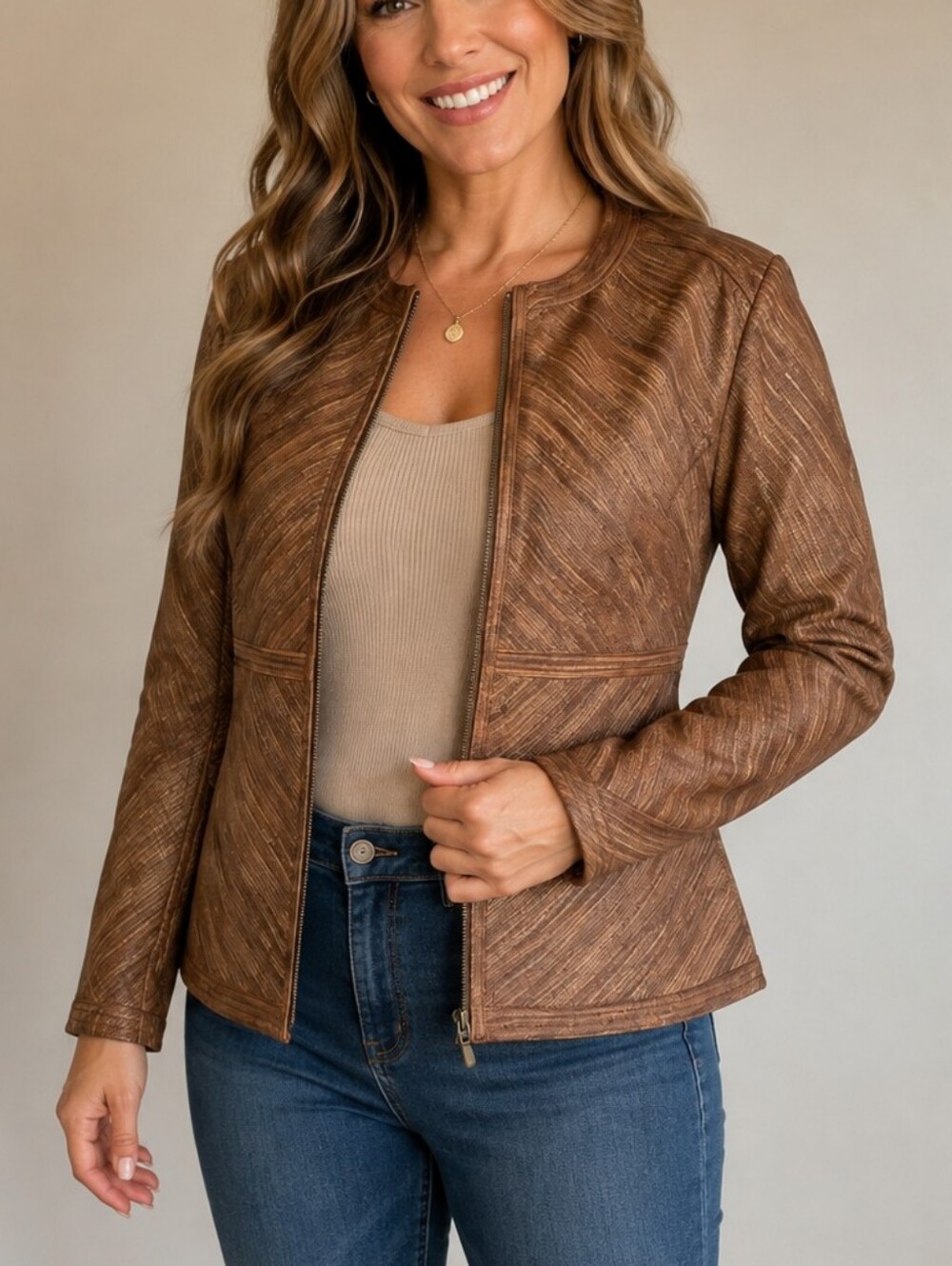 Bagatelle Genuine Leather Metallic Bronze Zip Front Jacket Women's Size 12